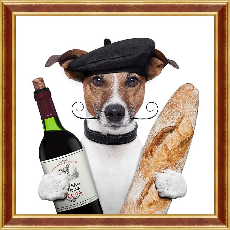 Картина в раме - Французская собака с багетом и бутылкой вина