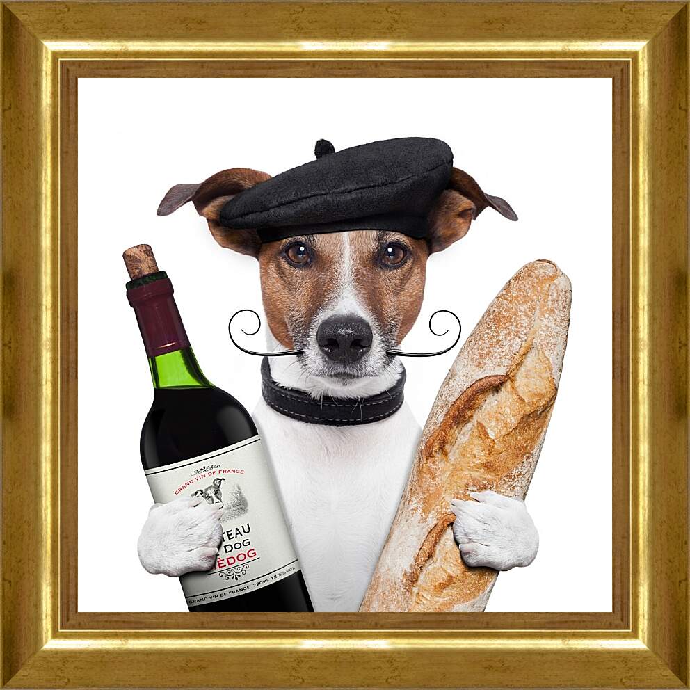 Картина в раме - Французская собака с багетом и бутылкой вина