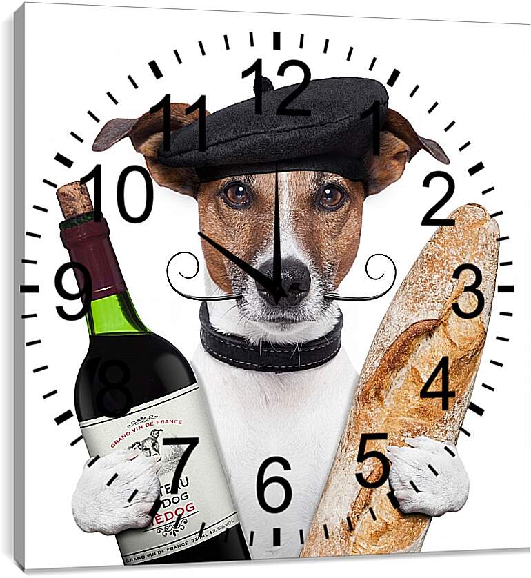 Часы картина - Французская собака с багетом и бутылкой вина