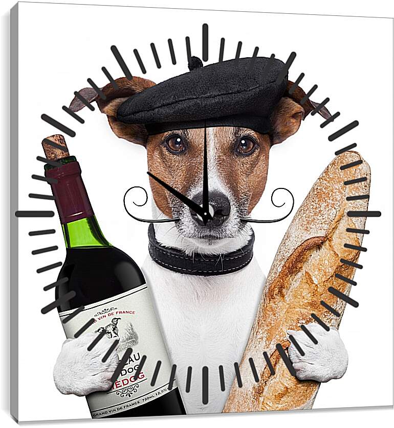 Часы картина - Французская собака с багетом и бутылкой вина