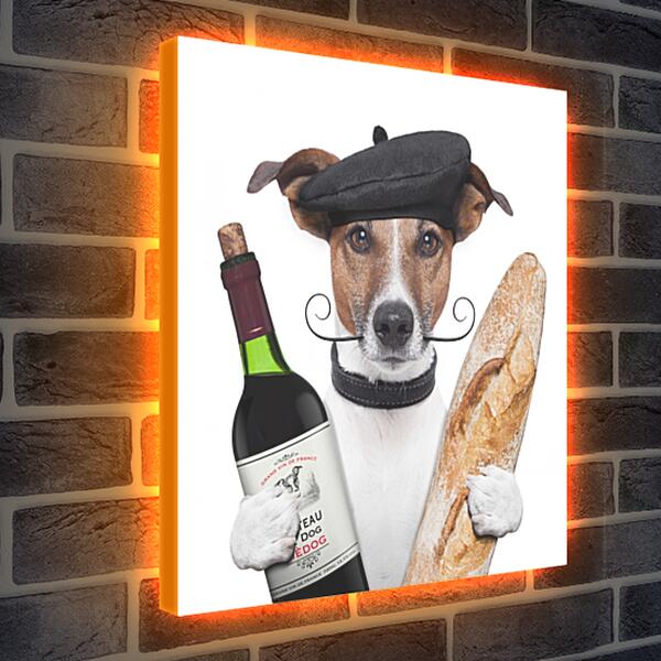 Лайтбокс световая панель - Французская собака с багетом и бутылкой вина