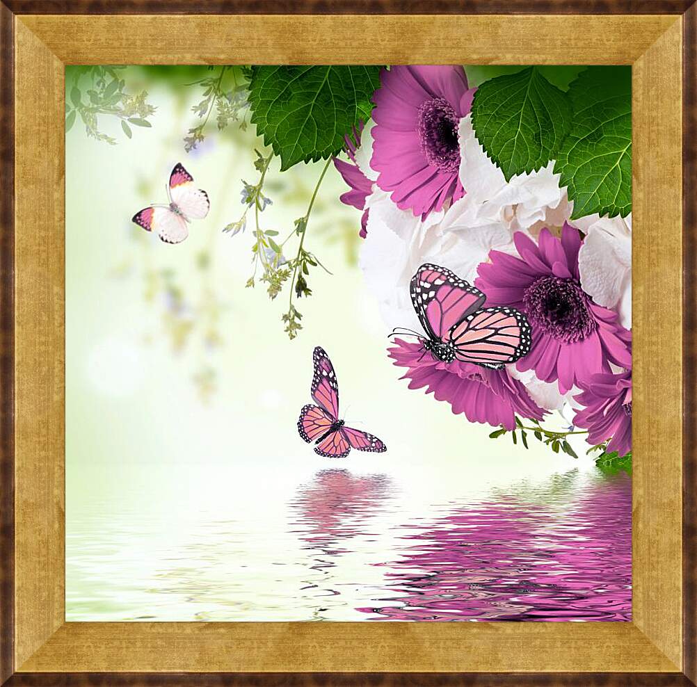 Картина в раме - Герберы и бабочки