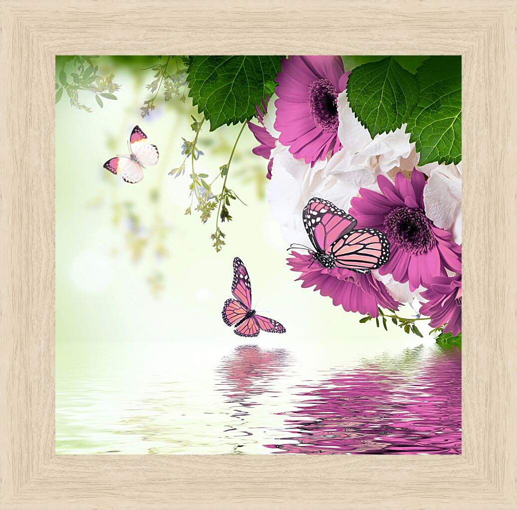 Картина в раме - Герберы и бабочки