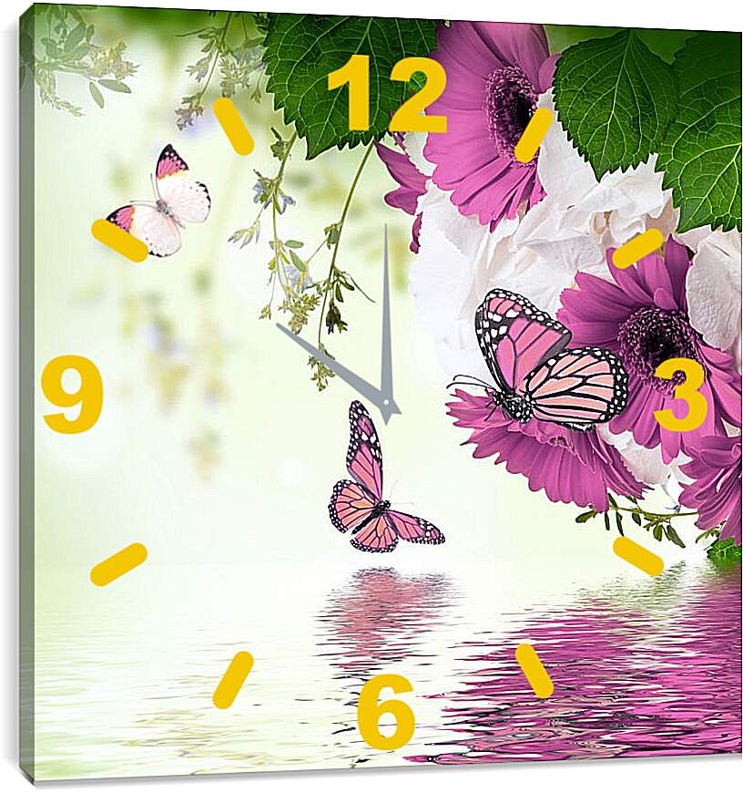 Часы картина - Герберы и бабочки