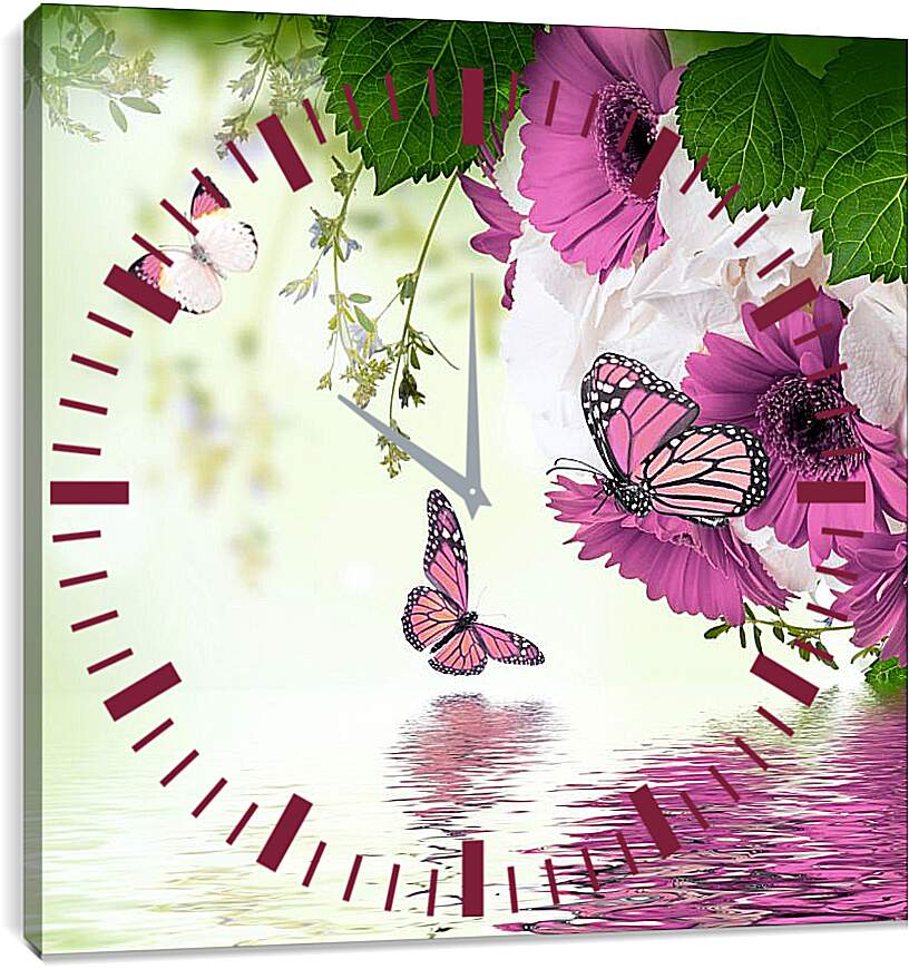 Часы картина - Герберы и бабочки