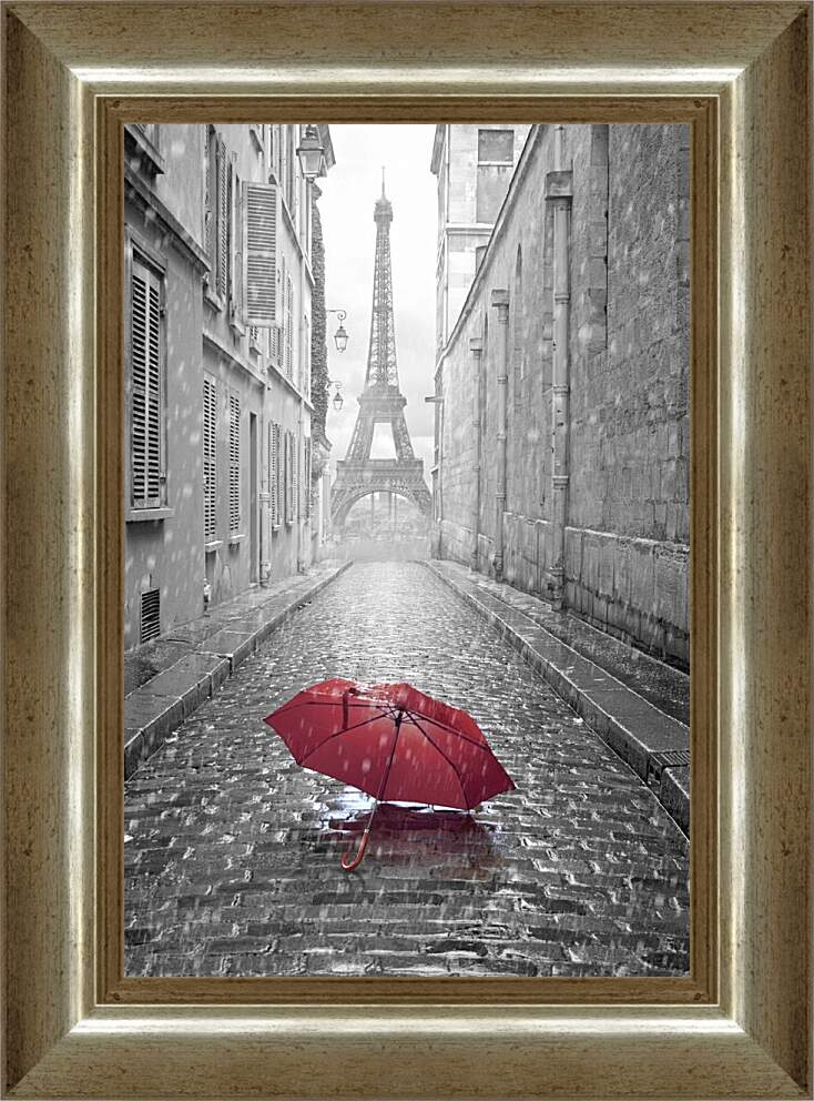 Картина в раме - Красный зонт на фоне Эйфелевой башни