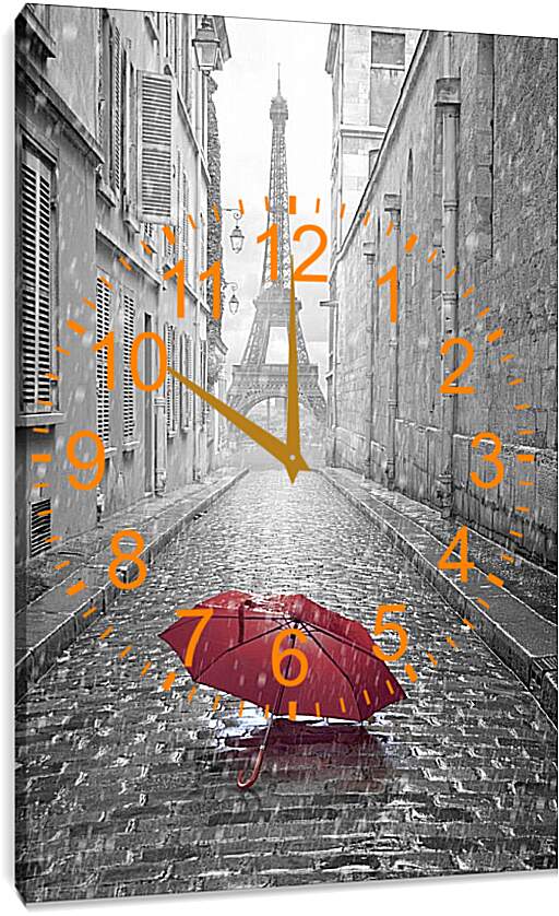 Часы картина - Красный зонт на фоне Эйфелевой башни