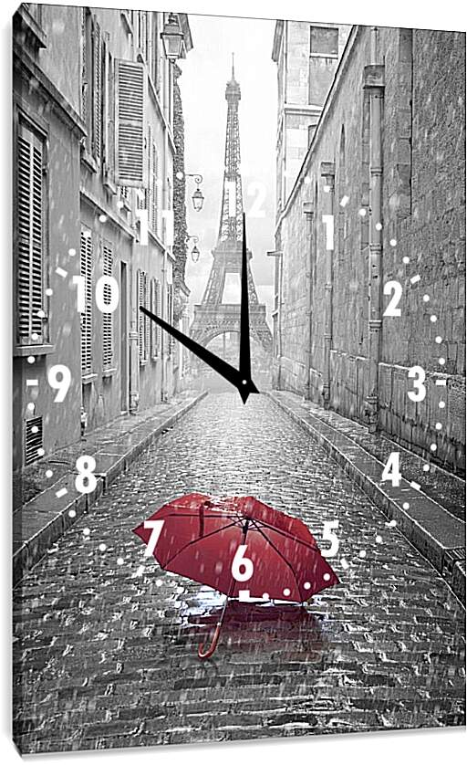 Часы картина - Красный зонт на фоне Эйфелевой башни