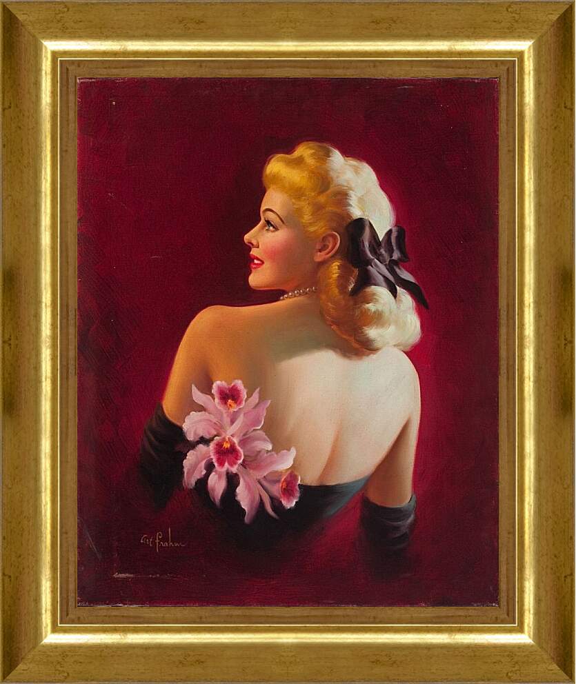 Картина в раме - Девушка и розовый цветок