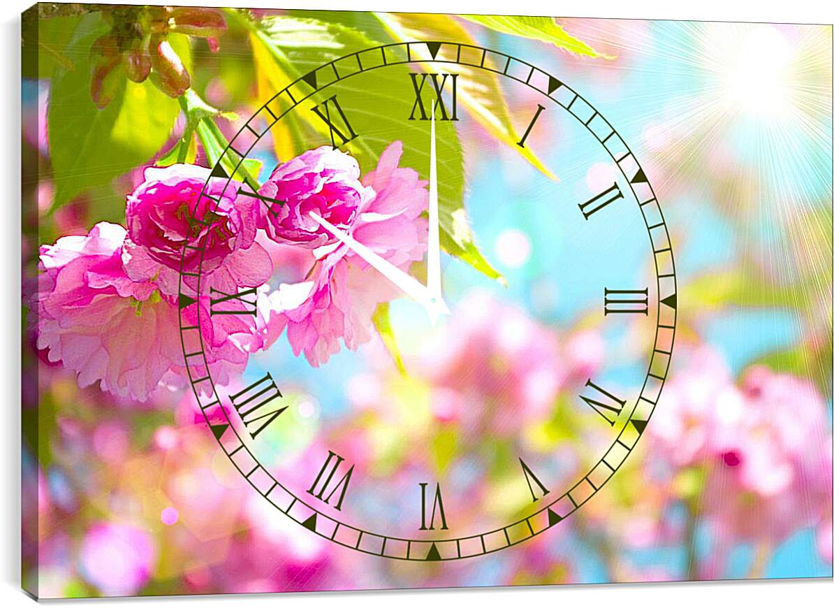Часы картина - Розовые цветы и солнце
