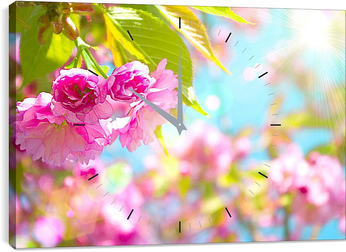 Часы картина - Розовые цветы и солнце