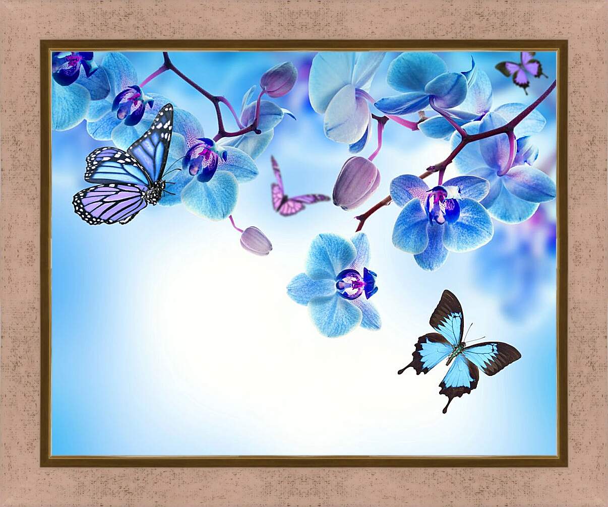 Картина в раме - Бабочки и голубые орхидеи