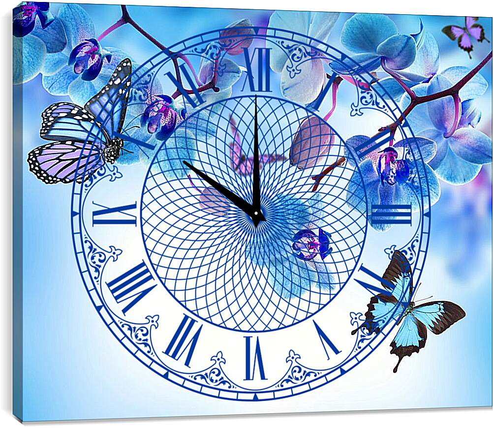 Часы картина - Бабочки и голубые орхидеи