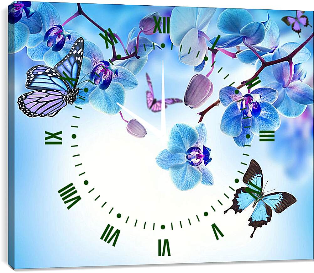 Часы картина - Бабочки и голубые орхидеи