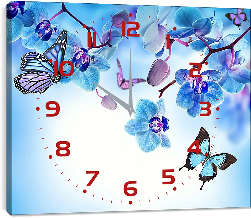 Часы картина - Бабочки и голубые орхидеи