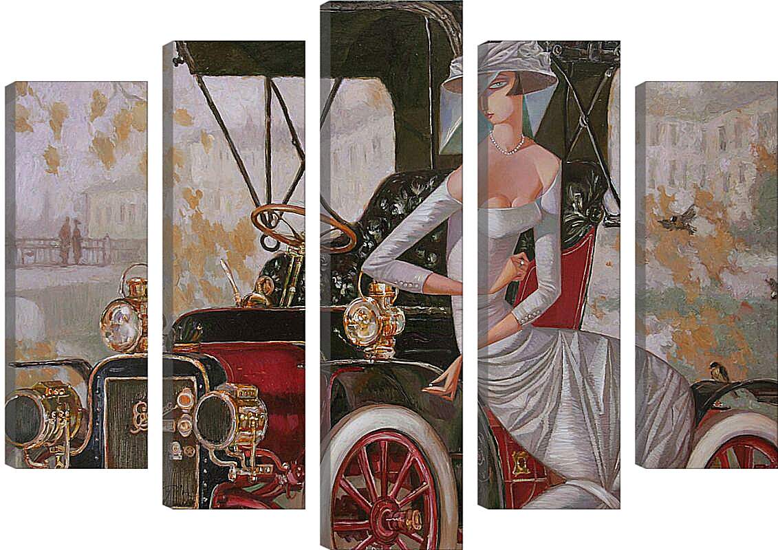 Модульная картина - Девушка со старинным автомобилем