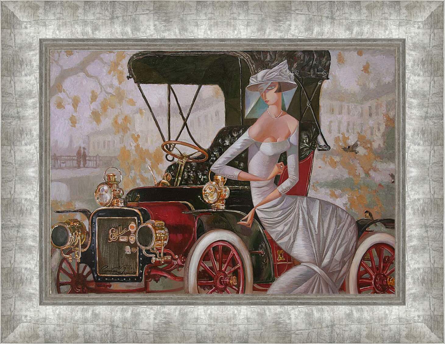 Картина в раме - Девушка со старинным автомобилем