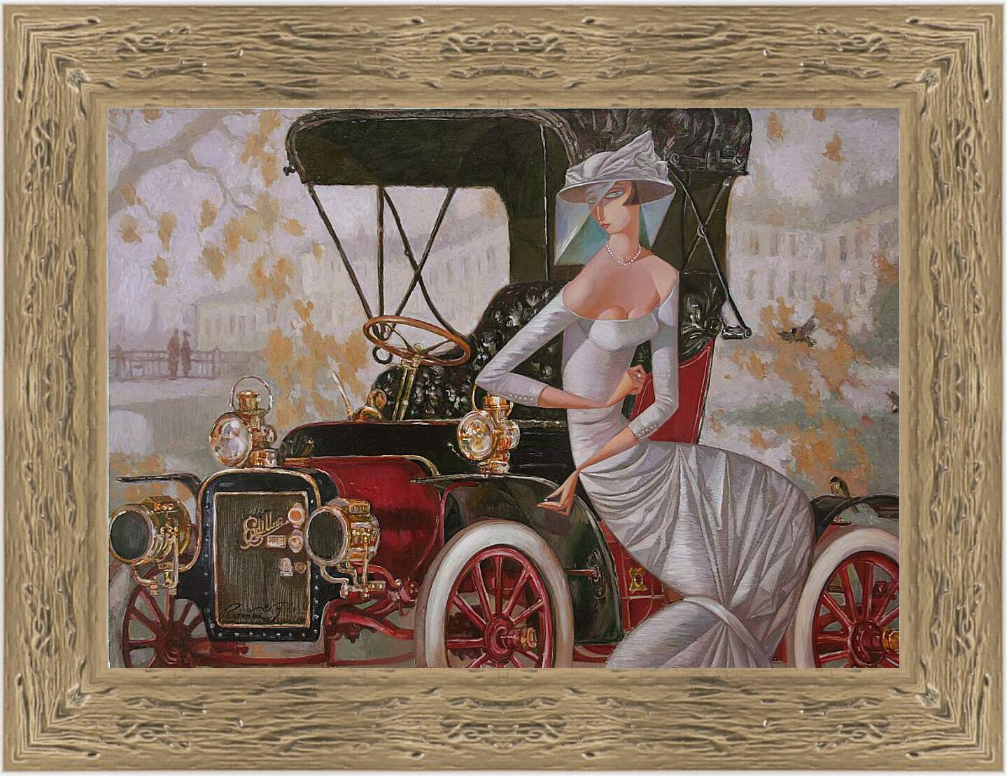 Картина в раме - Девушка со старинным автомобилем