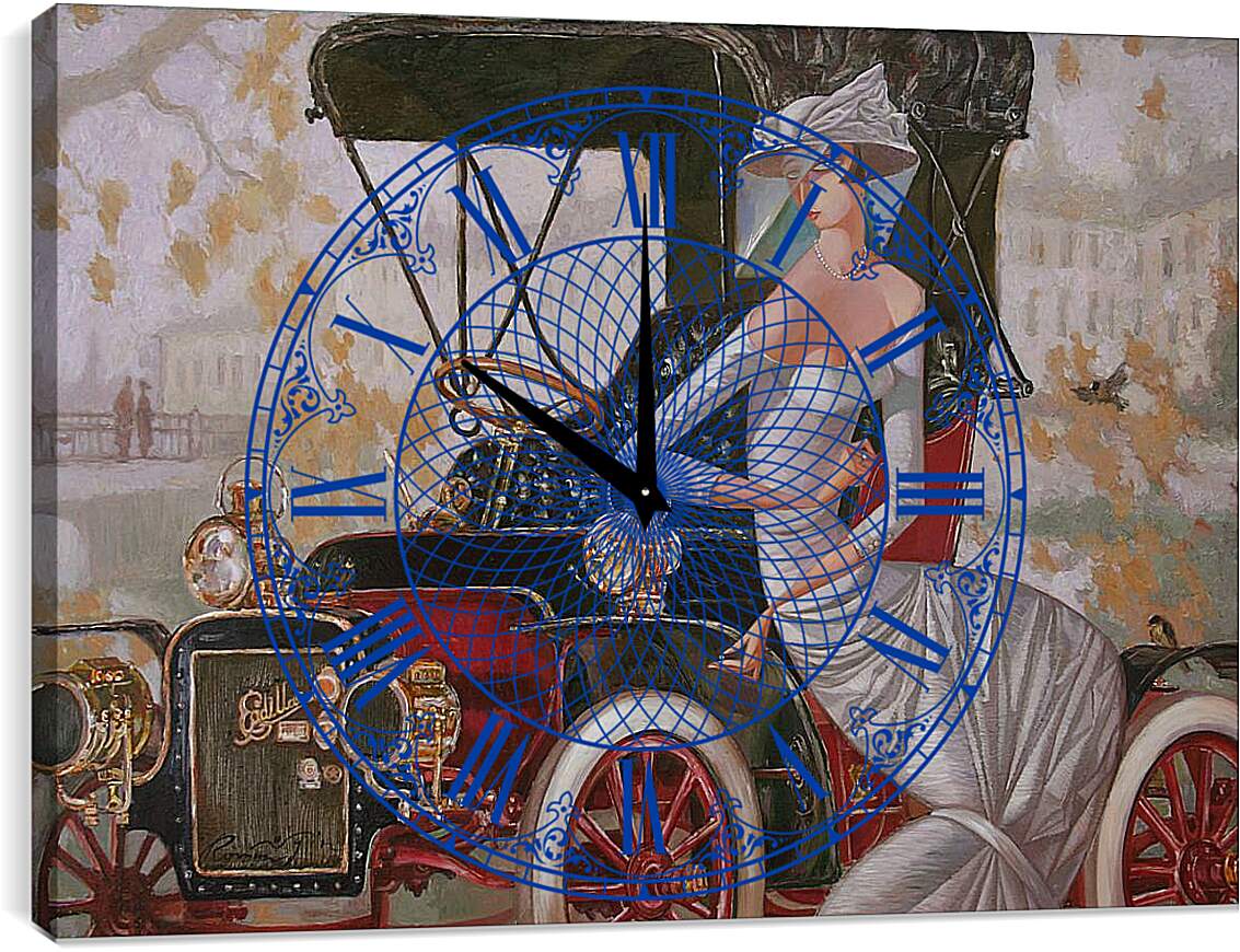 Часы картина - Девушка со старинным автомобилем