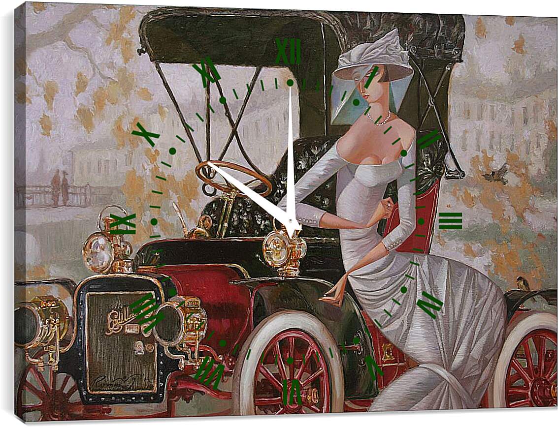 Часы картина - Девушка со старинным автомобилем
