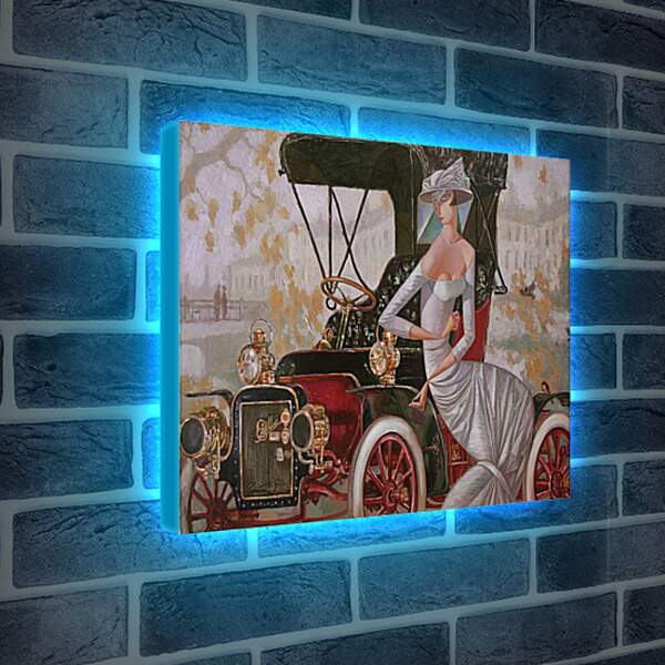 Лайтбокс световая панель - Девушка со старинным автомобилем