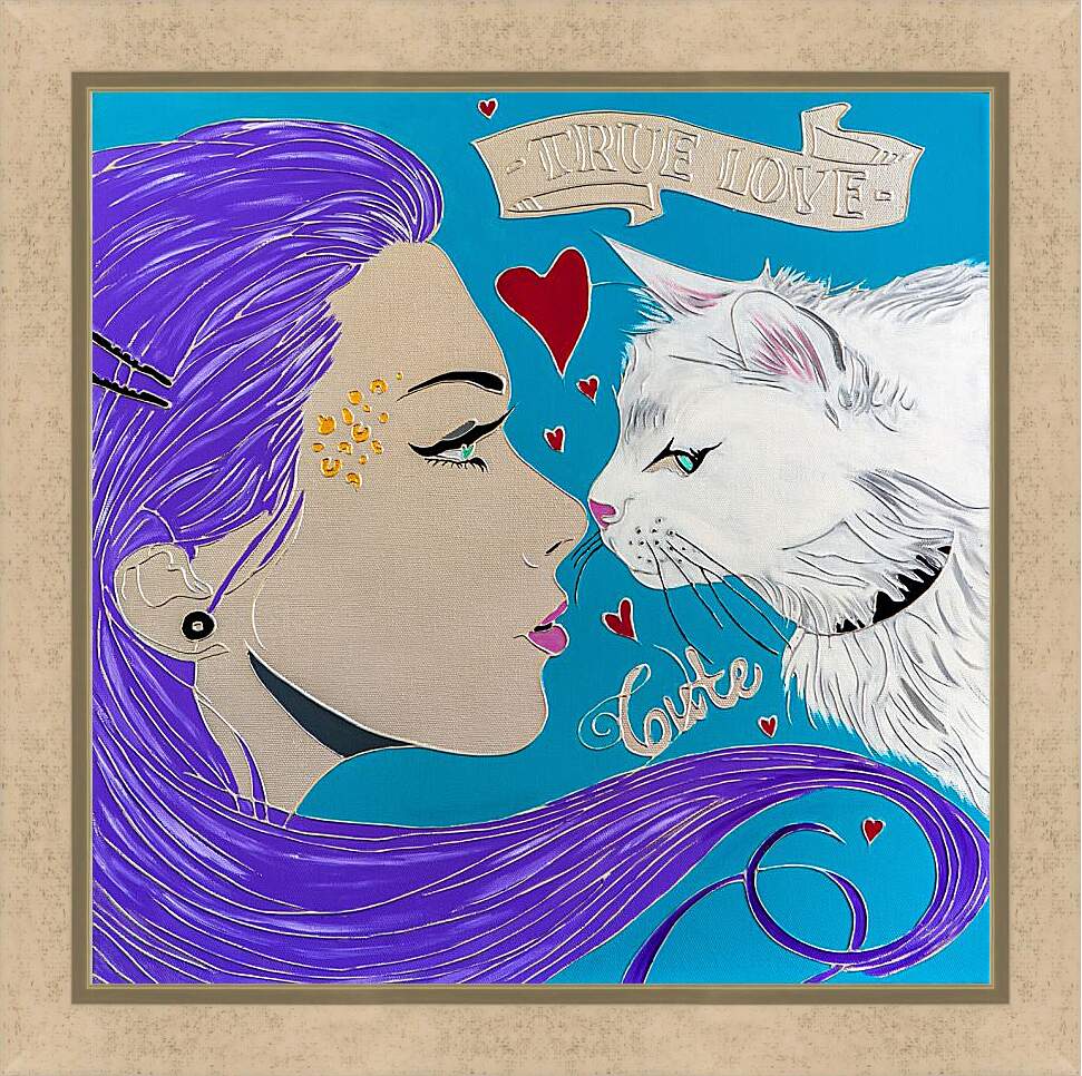 Картина в раме - Девушка и кошка