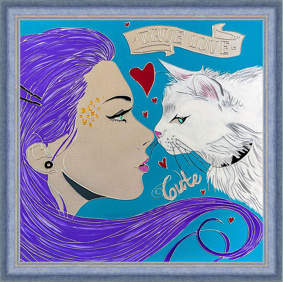Картина в раме - Девушка и кошка