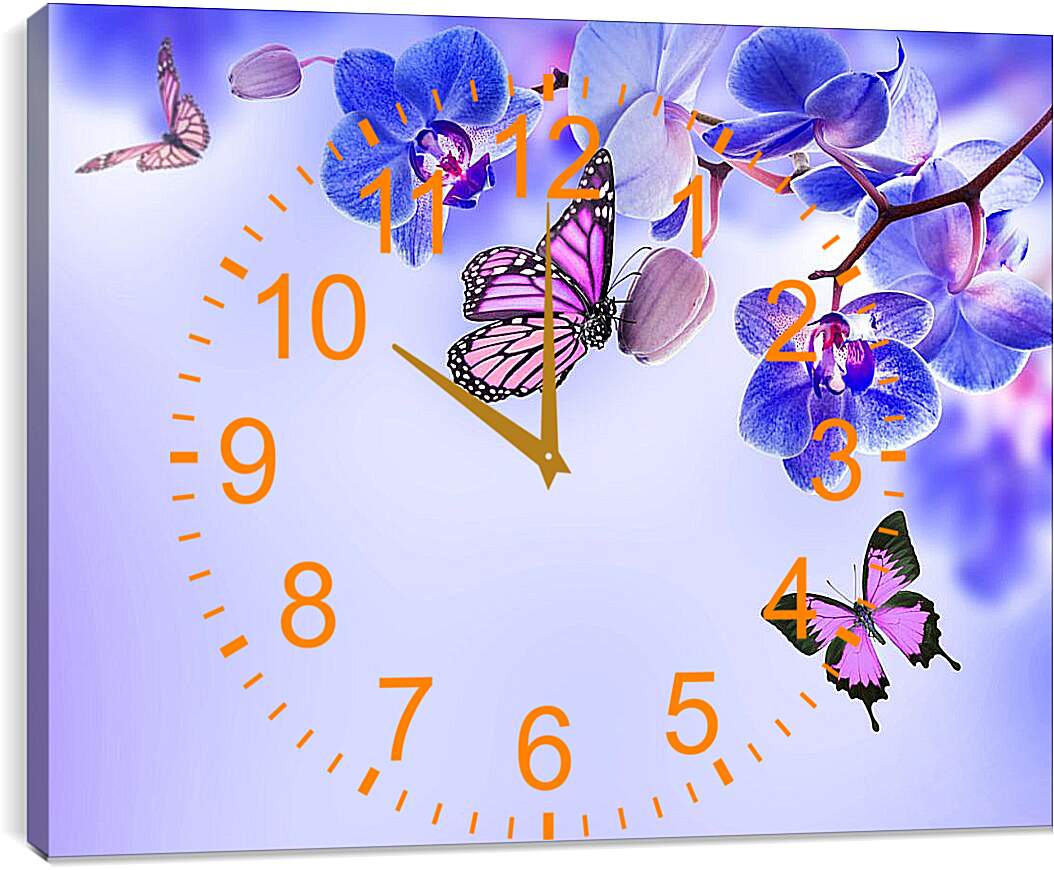 Часы картина - Бабочки и синие орхидеи