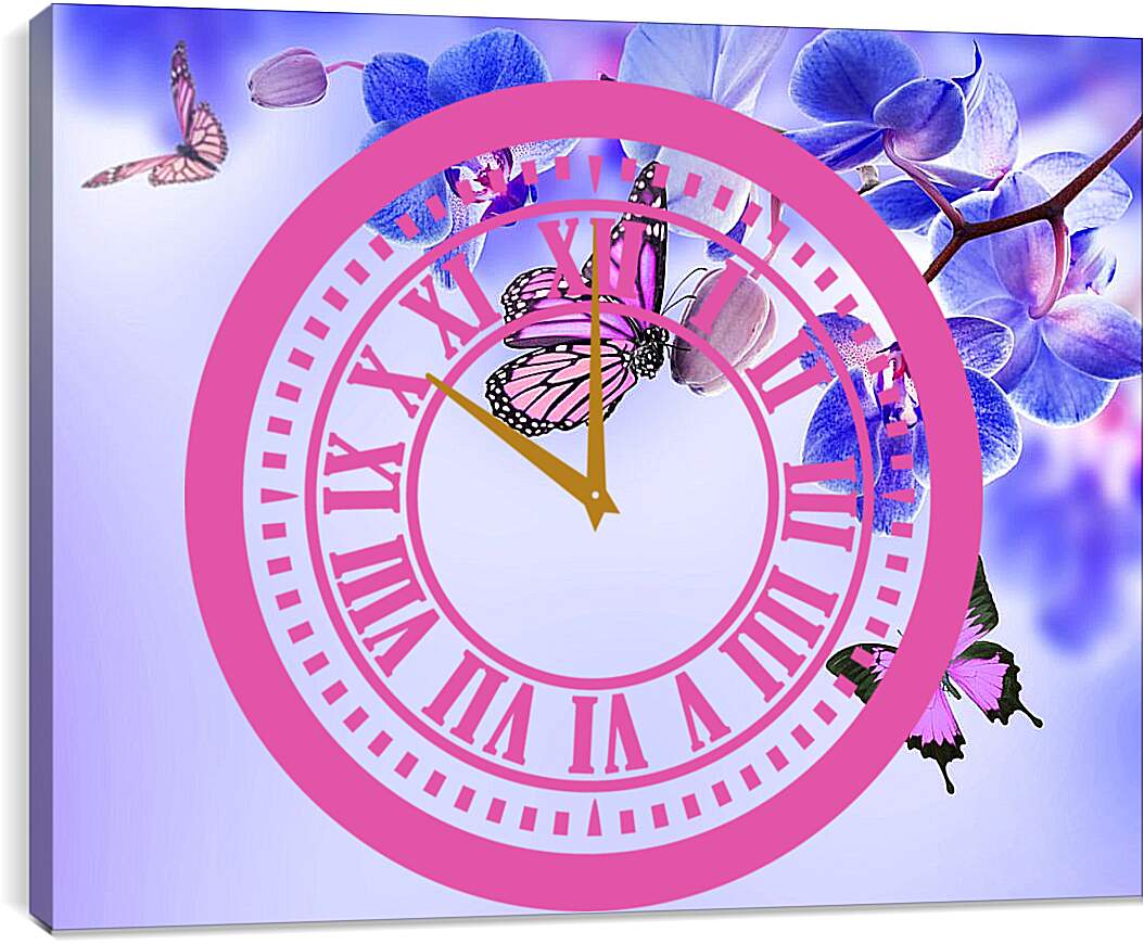 Часы картина - Бабочки и синие орхидеи