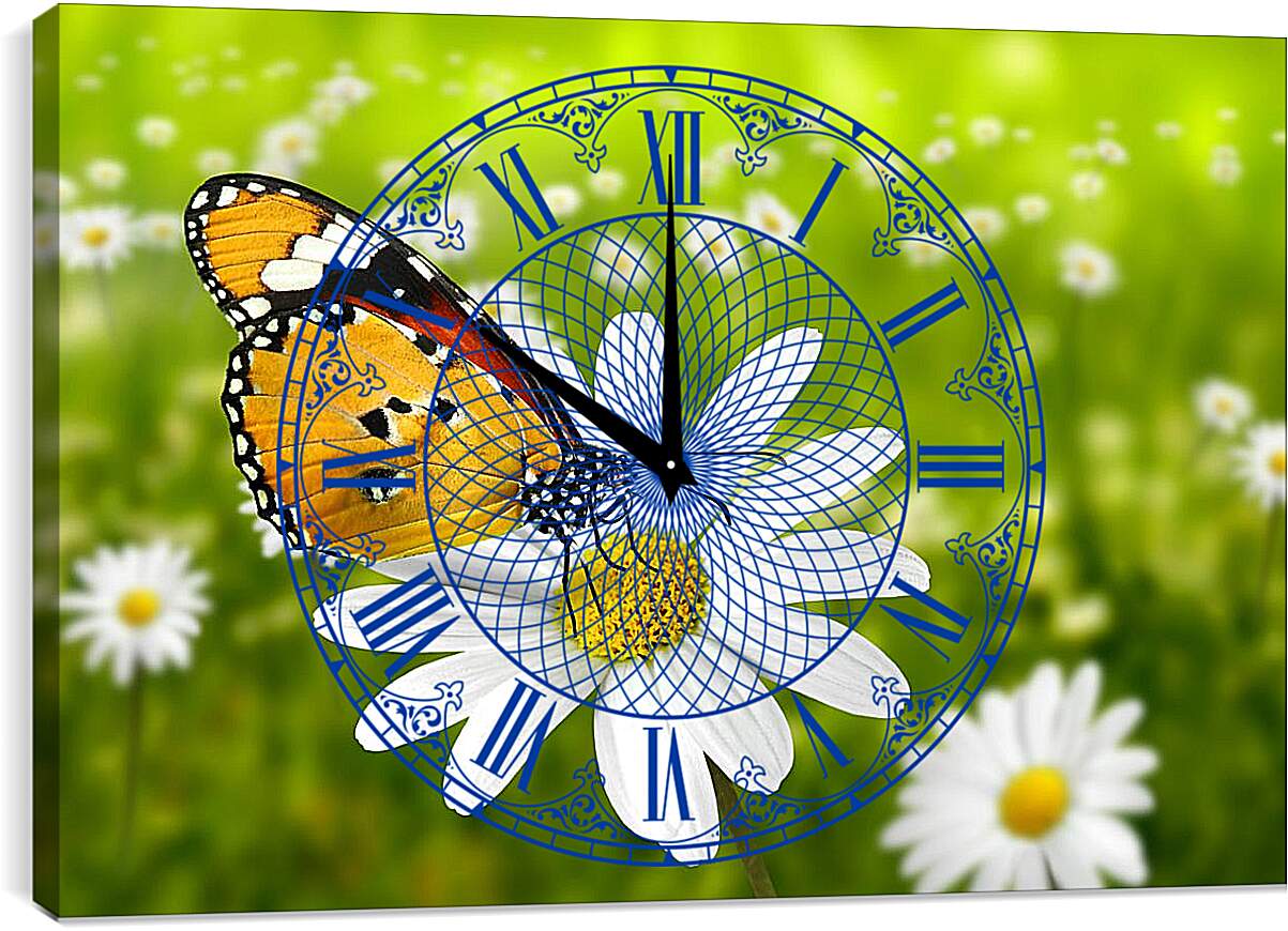Часы картина - Бабочка на ромашке
