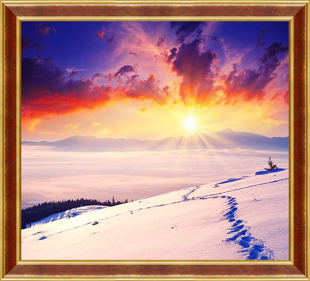 Картина в раме - Багровый закат над снежной пустыней