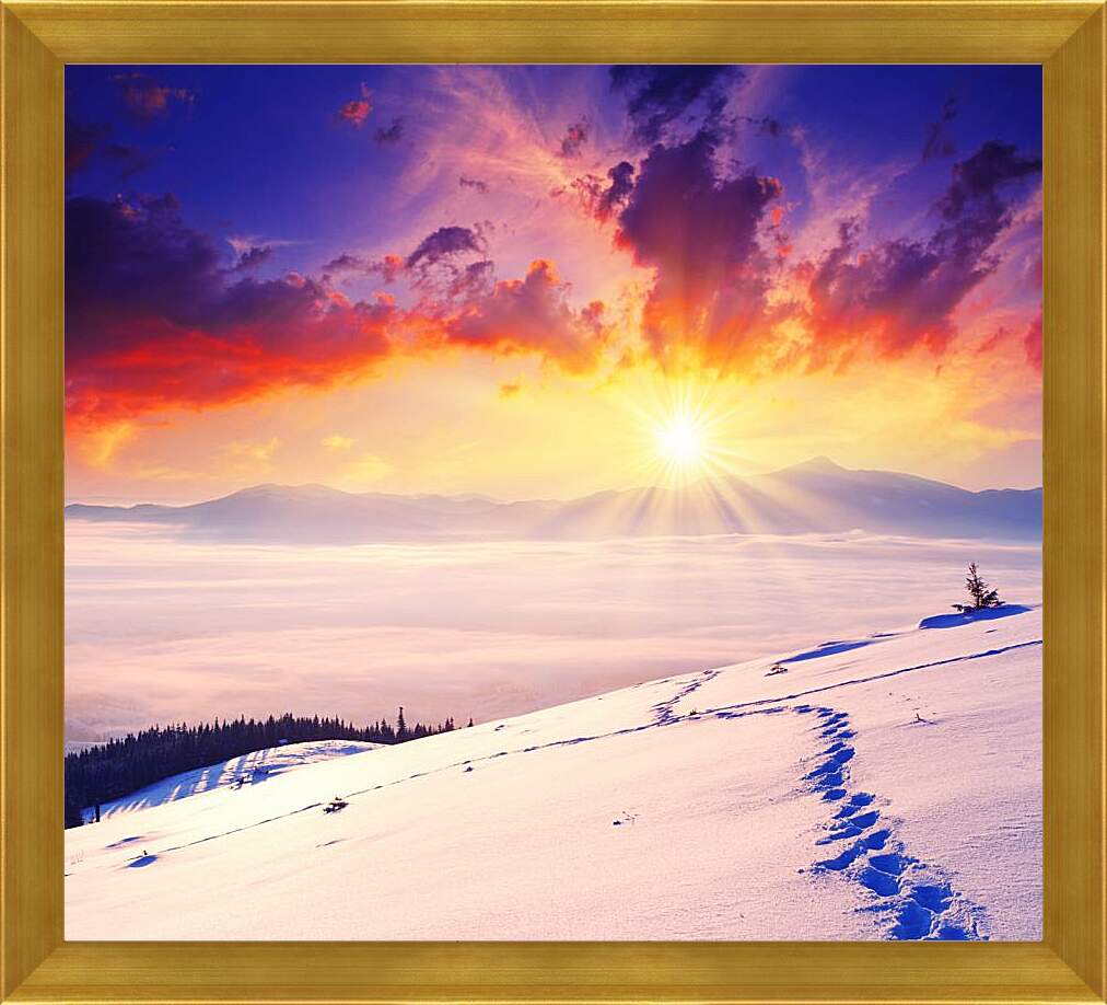 Картина в раме - Багровый закат над снежной пустыней