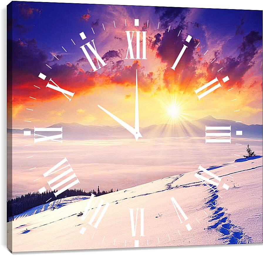 Часы картина - Багровый закат над снежной пустыней