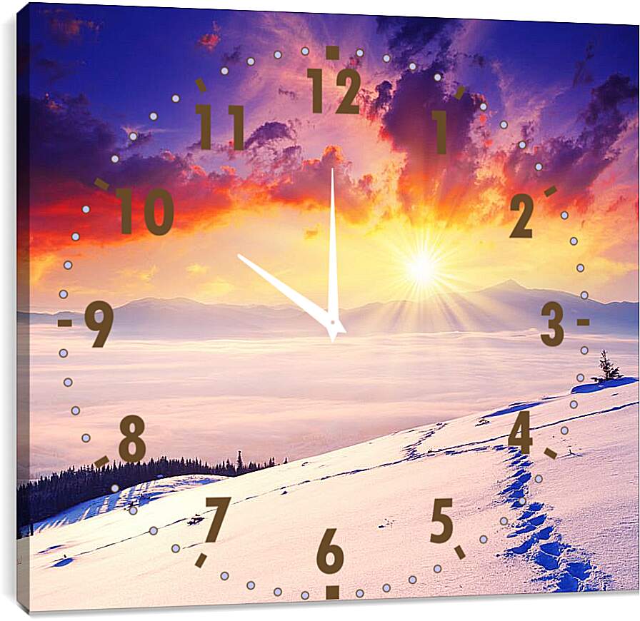 Часы картина - Багровый закат над снежной пустыней