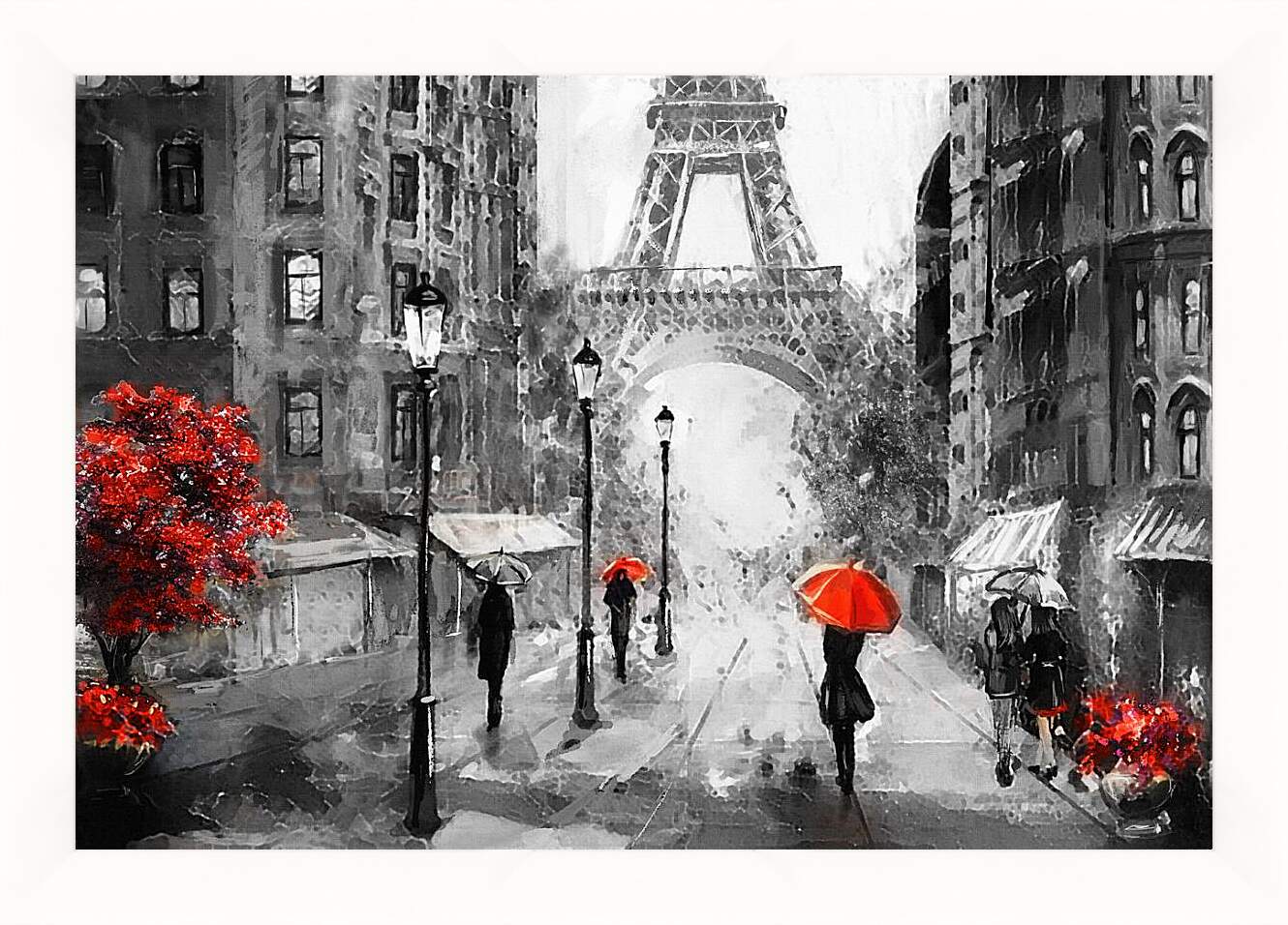 Картина в раме - Девушка и красный зонт