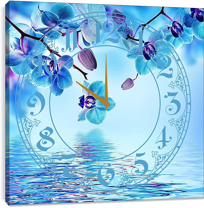 Часы картина - Голубая орхидея над водой