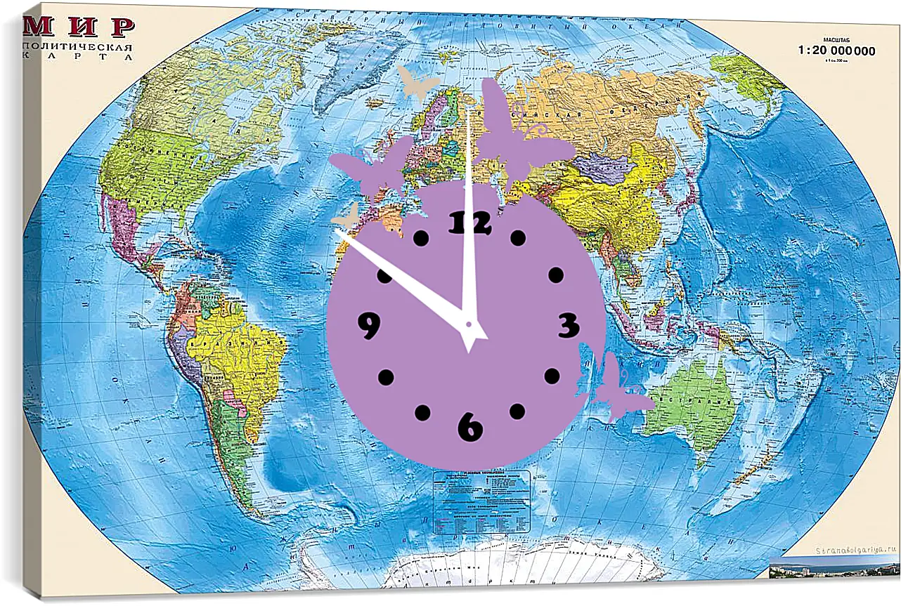Часы картина - Карта мира политическая