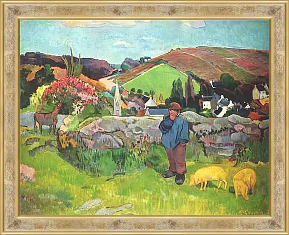 Картина в раме - The Swineherd. Свинопас, Бретань. Поль Гоген