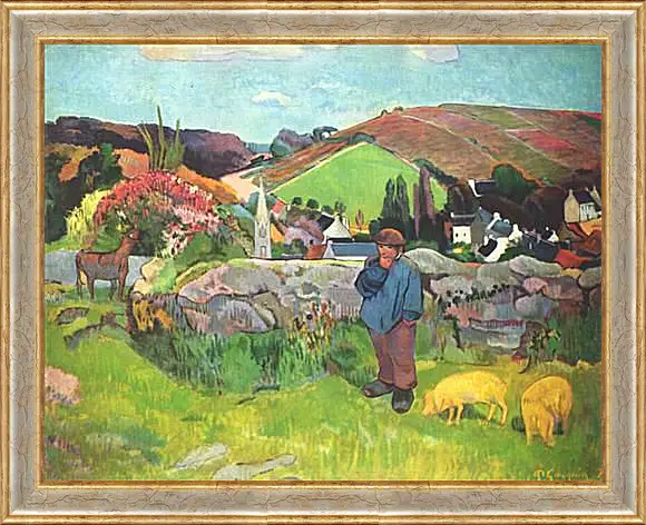 Картина в раме - The Swineherd. Свинопас, Бретань. Поль Гоген