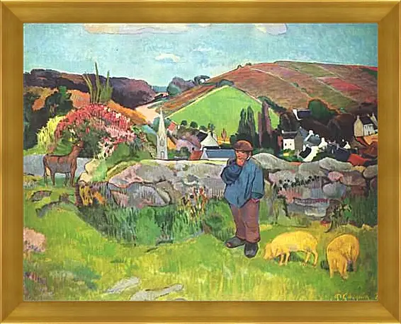 Картина в раме - The Swineherd. Свинопас, Бретань. Поль Гоген