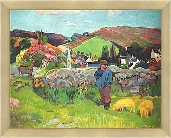 Картина в раме - The Swineherd. Свинопас, Бретань. Поль Гоген