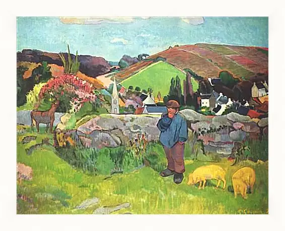 Картина в раме - The Swineherd. Свинопас, Бретань. Поль Гоген