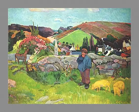 Картина в раме - The Swineherd. Свинопас, Бретань. Поль Гоген