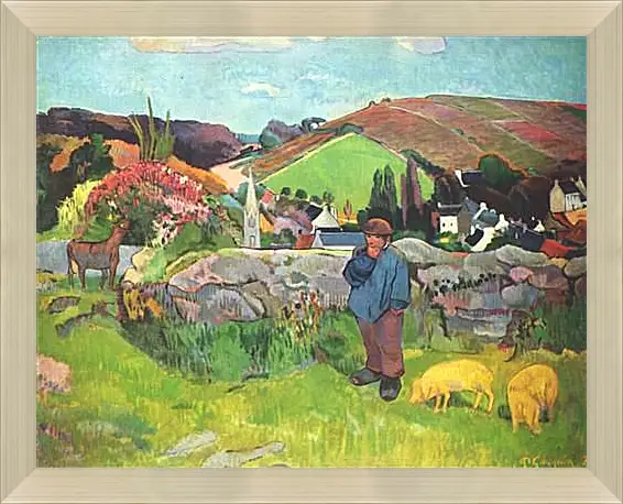 Картина в раме - The Swineherd. Свинопас, Бретань. Поль Гоген