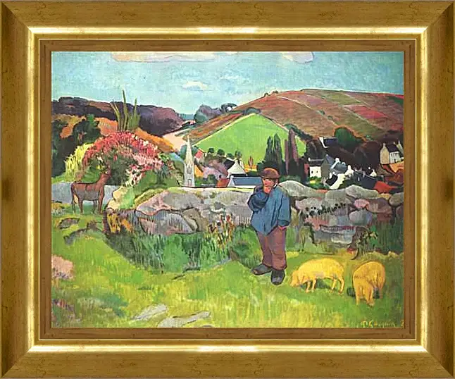 Картина в раме - The Swineherd. Свинопас, Бретань. Поль Гоген