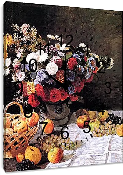 Часы картина - Still-Life with Flowers and Fruits. Клод Моне