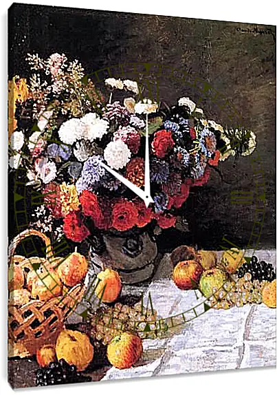 Часы картина - Still-Life with Flowers and Fruits. Клод Моне