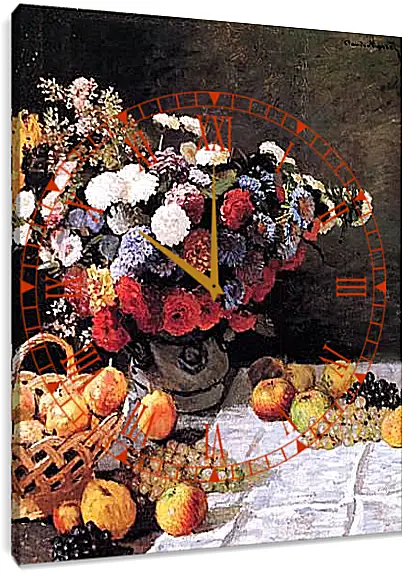 Часы картина - Still-Life with Flowers and Fruits. Клод Моне