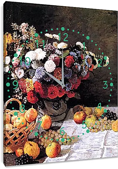 Часы картина - Still-Life with Flowers and Fruits. Клод Моне