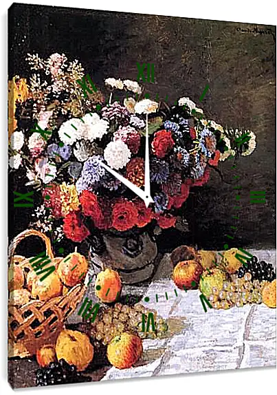 Часы картина - Still-Life with Flowers and Fruits. Клод Моне